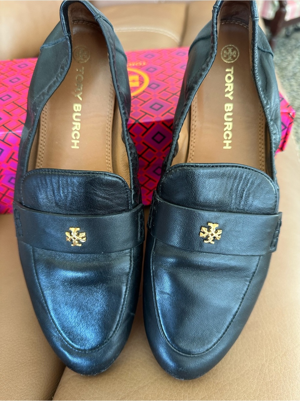 Tory Burch Black Leather Gold-Logo Penny Loafers